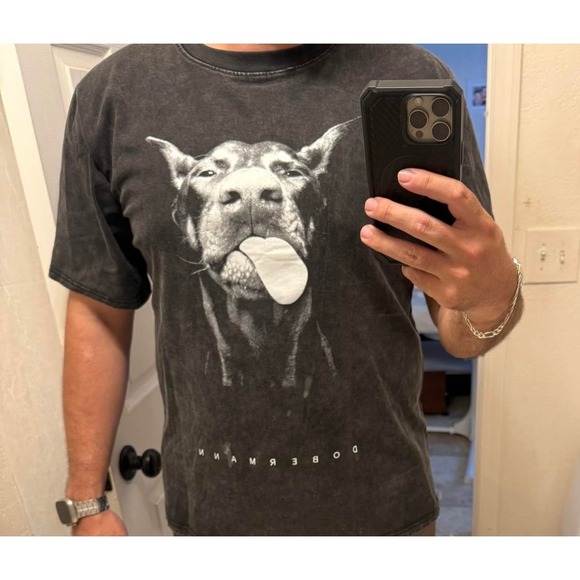 Dobermann Dog Acid wash oversized Print T-Shirt Black Acid Wash Men's Tee - Picture 5 of 8